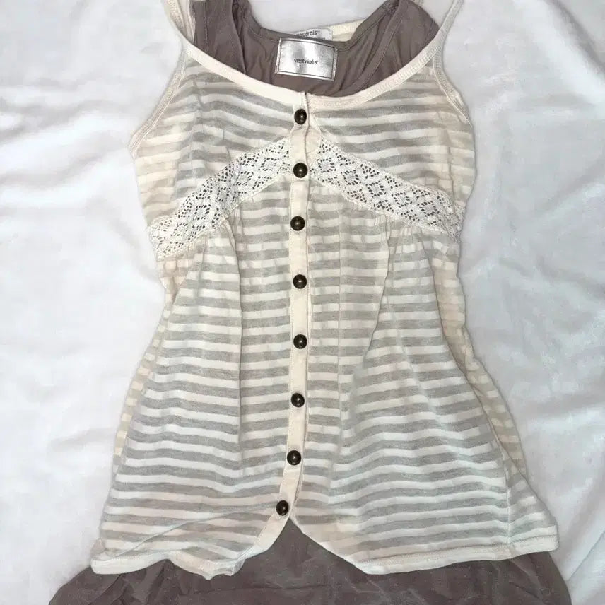 [BUNJANG] Lace Crochet Stripe Button Tank Top & Skirt Set - Brown Dot / 레이스 크로셰 스트라이프 버튼 나시 브라운 도트 세트 y2k 모리걸