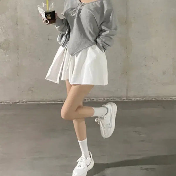 [BUNJANG] Holy A-Line Pleated Flare Shorts Skirt White / 홀리 허벅지반쪽핏 요플레 a라인 플레어 주름 반바지 밴딩 반바지 치마바지 화이트 에이블리 지그재그