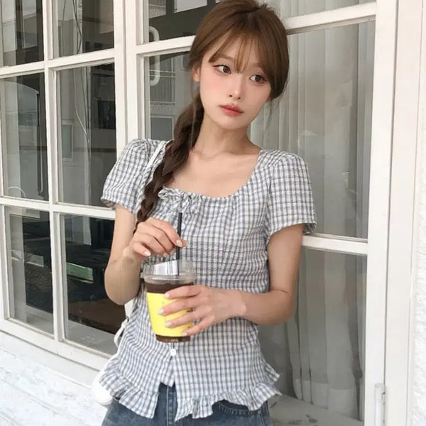 [BUNJANG] Checkered Ribbon Blouse / 체크 블라우스