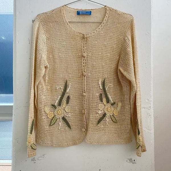 [BUNJANG] Vintage Ivory Flower Embroidery Cardigan / (Free) 빈티지 아이보리 플라워 자수 가디건