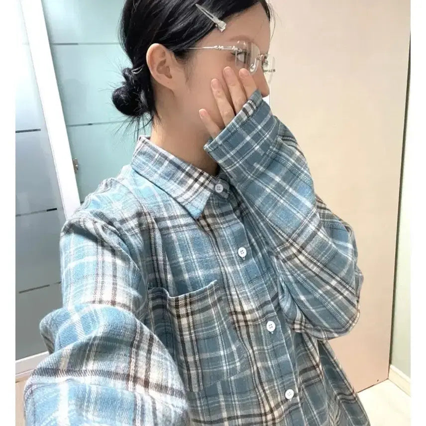 [BUNJANG] Dimension Damage Check Shirt - Blue / 디멘션 damage check 체크 셔츠 블루