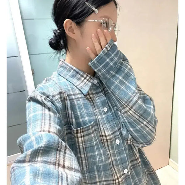 [BUNJANG] Dimension Damage Check Shirt - Blue / 디멘션 damage check 체크 셔츠 블루