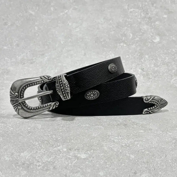 [BUNJANG] Chrome Stud Classic Western Pebble Leather Belt / 크롬 스터드 클래식 웨스턴 페블 가죽 벨트