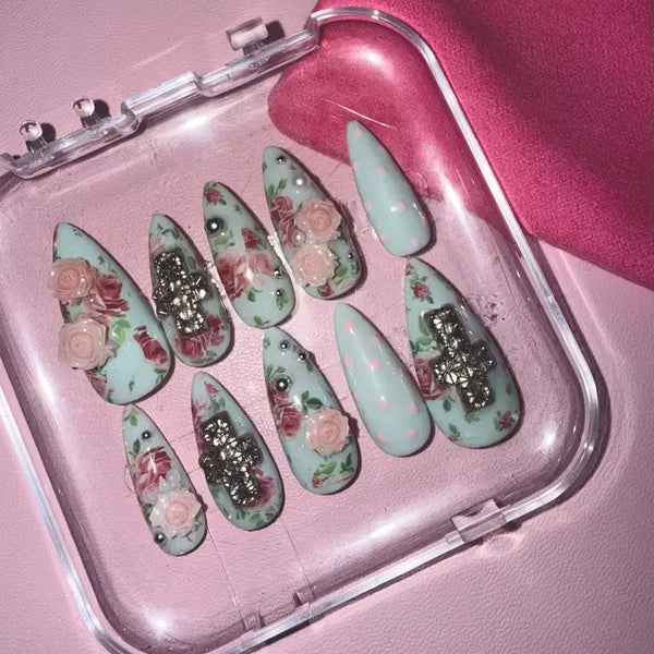 [BUNJANG] Mint Core Handmade Nail Tips - Flower Cross Design / 민트코어 꽃 십자가 수제네일팁 판매 주문제작 장미 도트 네일팁
