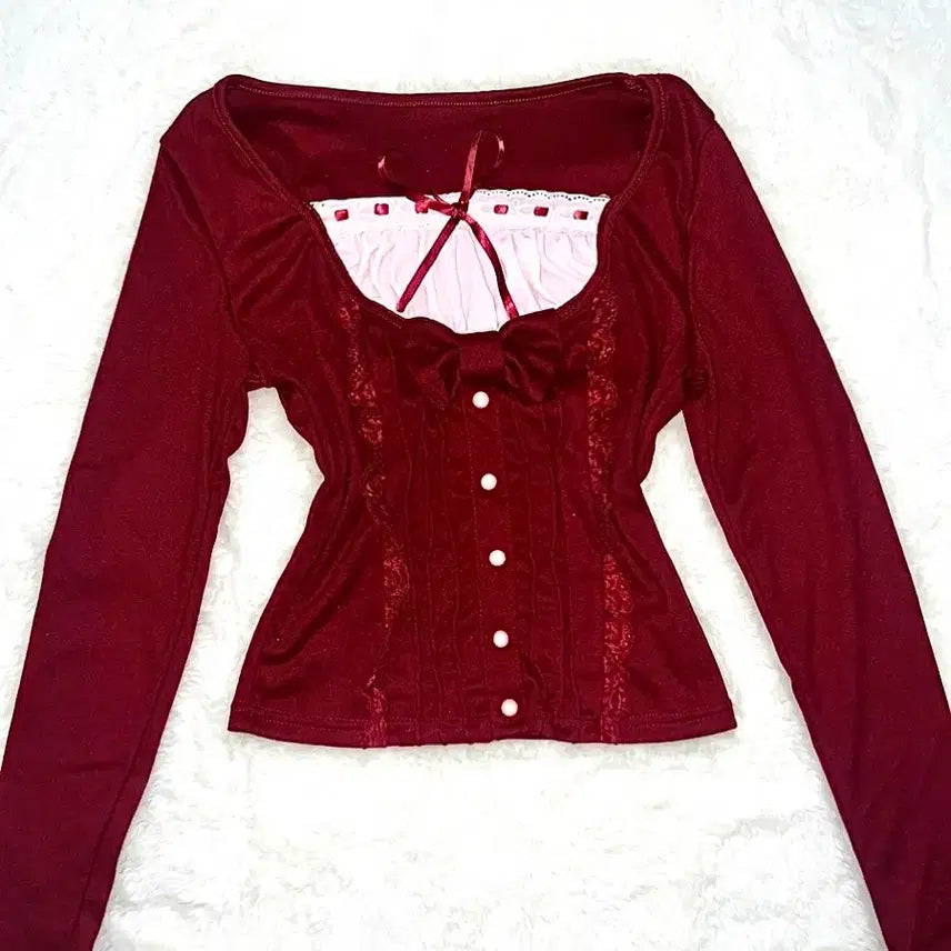 [BUNJANG] Coquette Balletcore Ribbon Blouse / 에이블리 슬림핏 발레코어 일체형 레이어드 시즈니룩 여리 프릴 롱슬리브 스퀘어넥 긴팔 새상품 급처 코케트 버건디 공겜 셔링 블라우스 일녀 공주풍 Y2K 로리타 키치 빈티지 페미닌