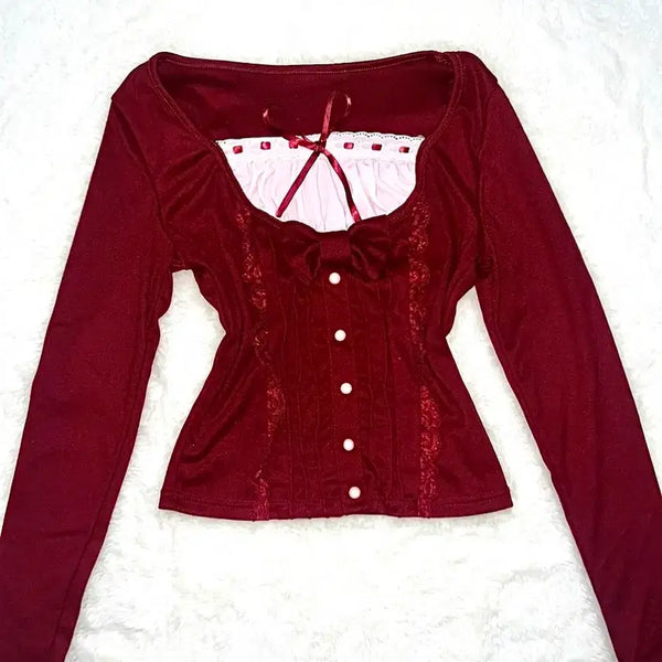 [BUNJANG] Coquette Balletcore Ribbon Blouse / 에이블리 슬림핏 발레코어 일체형 레이어드 시즈니룩 여리 프릴 롱슬리브 스퀘어넥 긴팔 새상품 급처 코케트 버건디 공겜 셔링 블라우스 일녀 공주풍 Y2K 로리타 키치 빈티지 페미닌