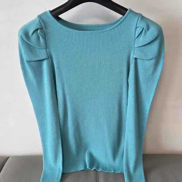 [BUNJANG] Emerald Puff Sleeve Ribbed Knit Top / 여성 에매랄드 퍼프 소매 골지 니트티