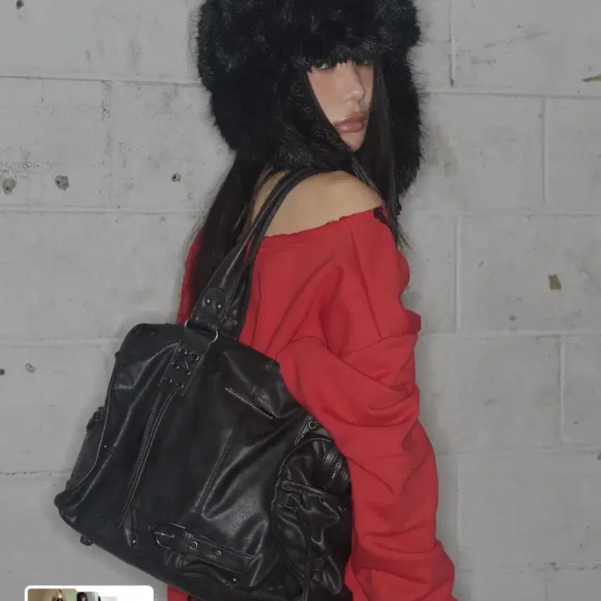 [BUNJANG] Fancy Club Belted Washed Leather Bag Black / 팬시클럽 벨티드 워싱 레더백 블랙