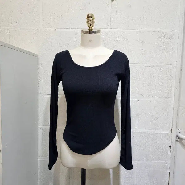 [BUNJANG] Ribbed Knit Long Sleeve Top - Black / 밑단u 앞뒤 라운드 골지 긴팔- 블랙