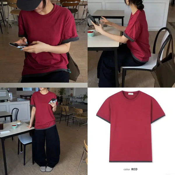 [BUNJANG] Moons Starred Layered Half Sleeve T-Shirt / 문즈 스타드 레이어드 반팔 티셔츠 레이어드 라운드넥 배색 반팔 티셔츠 레드 에이블리 지그재그 유니클로