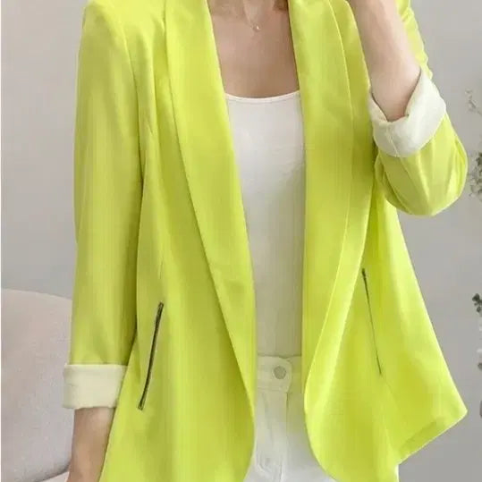 [BUNJANG] Soos Lime Green Open Collar Jacket (Size 55) / soos 수스 얇은 오픈카라 라임색 자켓 55
