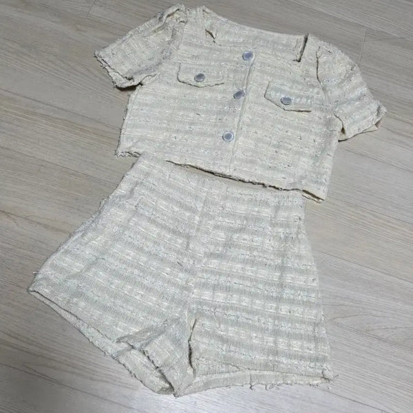 [BUNJANG] Tweed Short Sleeve Jacket and Shorts Set - Beige / 트위드 반팔 자켓 숏팬츠 세트 베이지