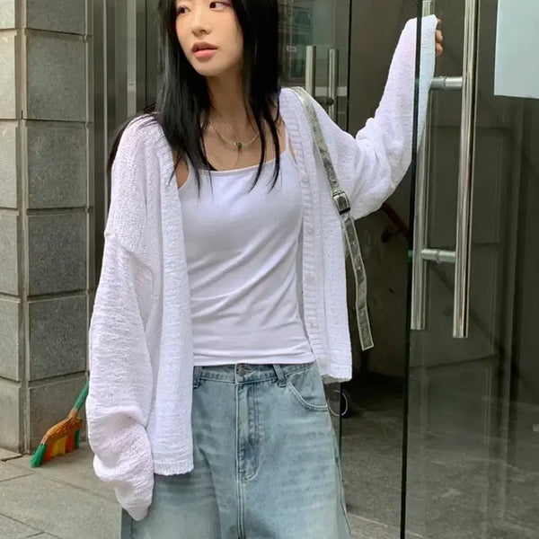 [BUNJANG] Loose Fit Transitional Mesh Knit Button Cardigan / (새상품) 루즈핏 간절기 그물 니트 단추 가디건