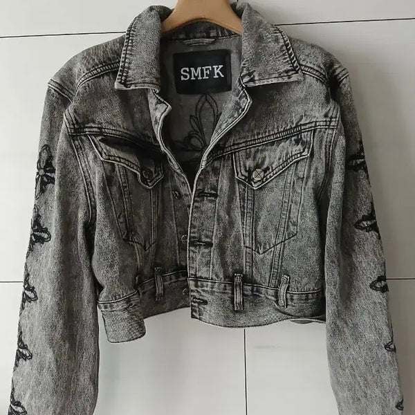 [BUNJANG] SMFK Embroidered Denim Cropped Jacket / SMFK 자수 데님 자켓 크롭데님자켓 사용감적음