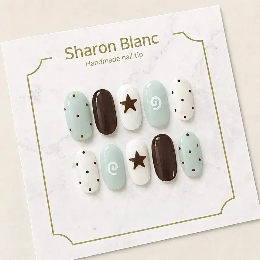 [BUNJANG] Vintage Mint Dot Nail Tips - 15 Shape Options / 빈티지 민트 도트 네일팁 / 15종 쉐입