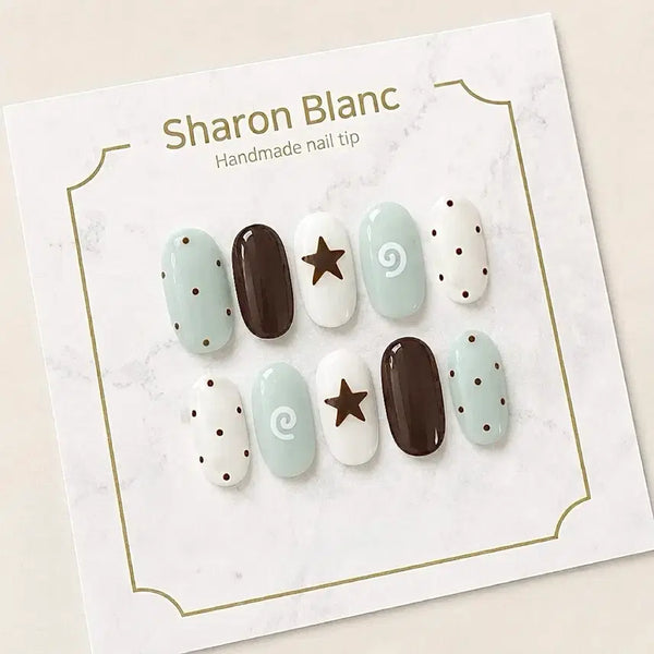 [BUNJANG] Vintage Mint Dot Nail Tips - 15 Shape Options / 빈티지 민트 도트 네일팁 / 15종 쉐입
