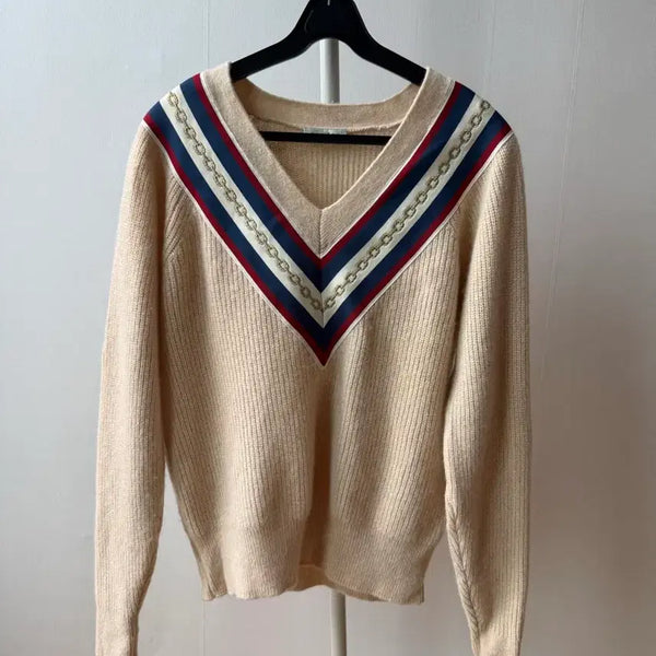 [BUNJANG] Sandro V-Neck Knit Beige Chain Pattern / 산드로 브이넥 니트