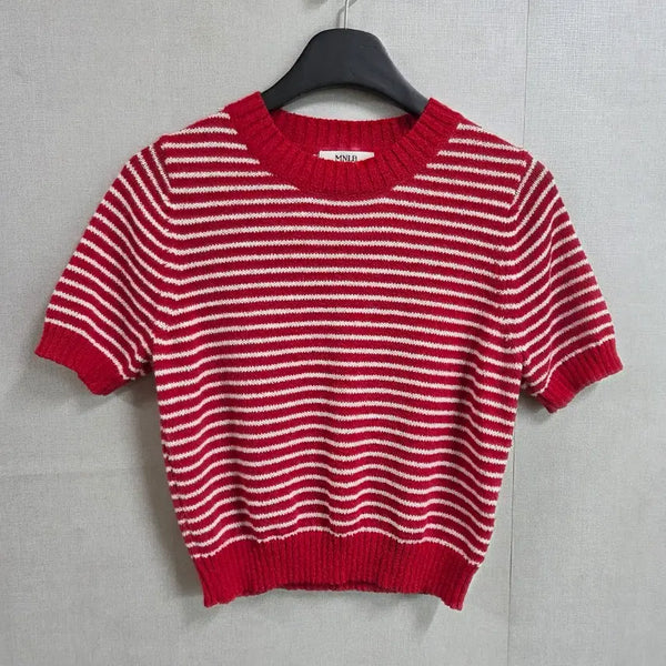 [BUNJANG] MNLB Striped Short-Sleeve Knit Red / MNLB 여성 단가라 반팔 니트 레드 F  JJ3697