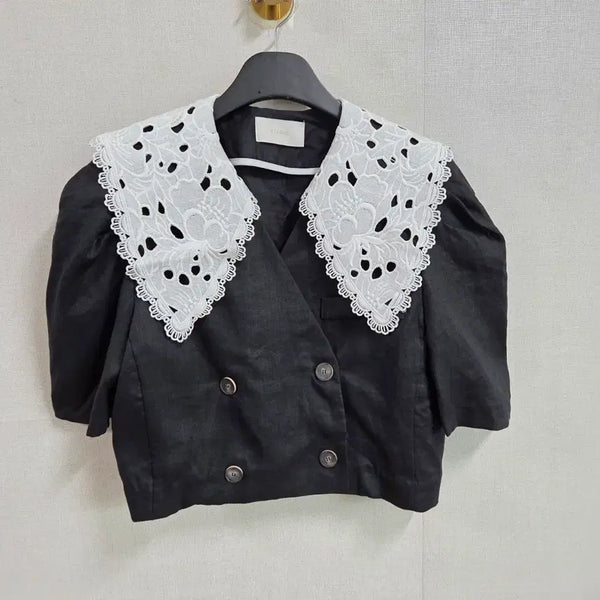 [BUNJANG] Bishop Women's Short Sleeve Double Button Cropped Jacket F JJ3700 / Bishop 여성 빅카라 더블버튼 반팔 크롭 자켓 F JJ3700