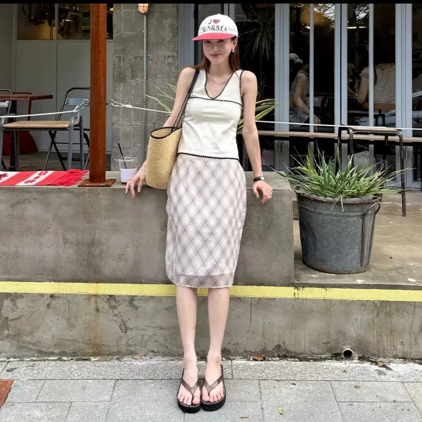 [BUNJANG] Sheer Check Midi Skirt / 기준 쉬어 체크 미디스커트