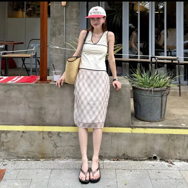 [BUNJANG] Sheer Check Midi Skirt / 기준 쉬어 체크 미디스커트