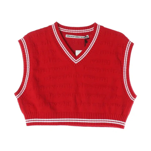 [BUNJANG] Alexander Wang 23FW Logo Pattern Cropped Cotton V-Neck Knit Vest Red / (새상품) 알렉산더 왕 23FW 로고 패턴 크롭 코튼 브이넥 니트 베스트 레드