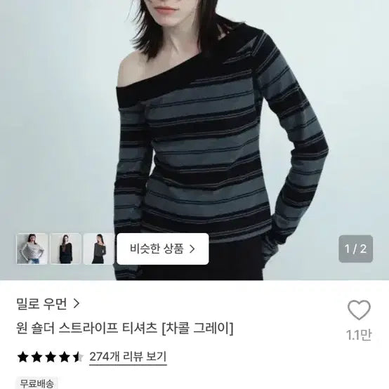 [BUNJANG] One Shoulder Striped T-Shirt Charcoal Gray / 원 숄더 스트라이프 티셔츠 차콜 그레이