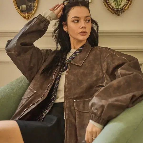 [BUNJANG] Bittersells Star Leather Jacket (Oversized Fit) - Brown / 비터셀즈 스타 레더 자켓(오버핏)-브라운(새상품)