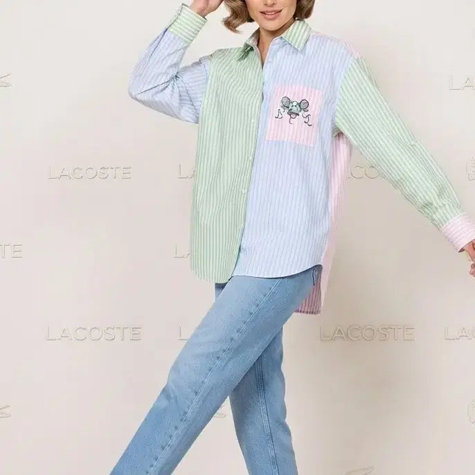 [BUNJANG] Lacoste Striped Color-Block Shirt / 라코스테 스트라이프 배색 셔츠