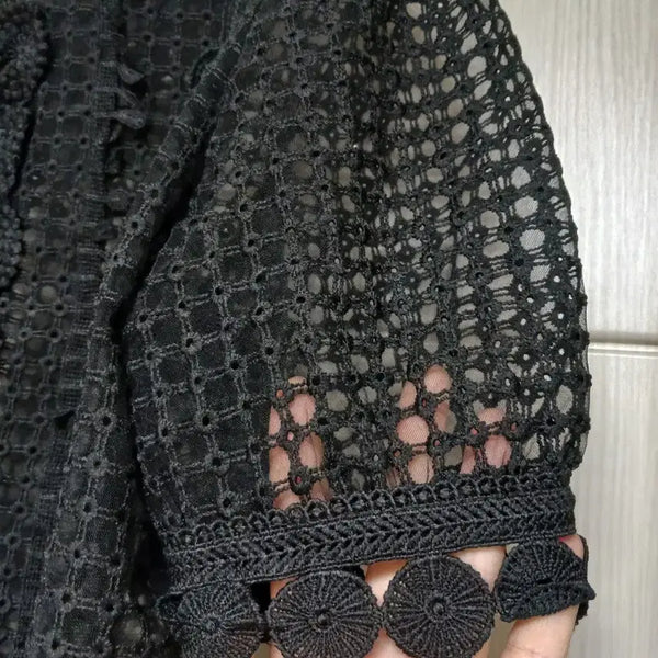 [BUNJANG] Puff Sleeve Plaid Mesh Blouse / 새옷) 퍼프소매 격자망사 블랙블랏