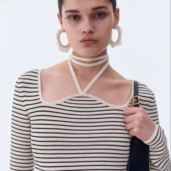 [BUNJANG] Recto Stripe Neck Ribbon Knit S / 렉토 스트라이프 넥리본 니트 s