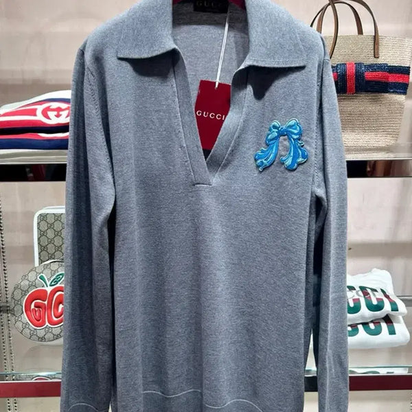 [BUNJANG] Gucci Ribbon V-Neck Wool Polo Women's Knit / 구찌 리본 브이넥 폴로 울 여성 니트