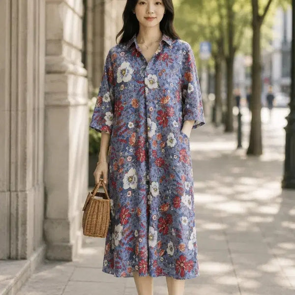 [BUNJANG] Blue Rayon Floral Long Dress / 블루 인견꽃 원피스