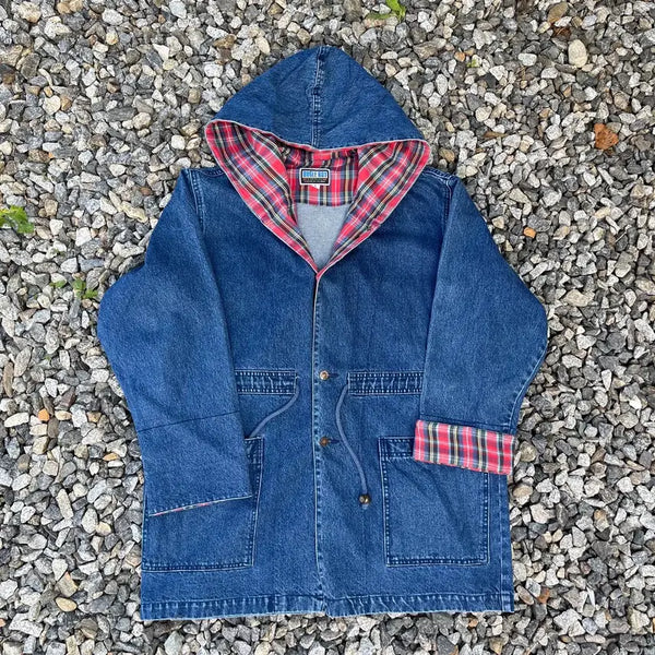 [BUNJANG] Bugle Boy 80s Plaid Panel Hooded Denim Jacket / 80s BUGLE BOY(미국판)타탄체크 배색 후드 데님 자켓(실