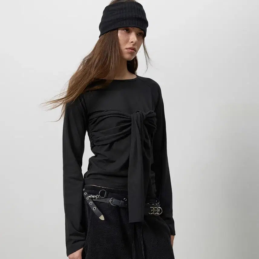 [BUNJANG] Ribbon Drape Long Sleeve Tee Black / RIBBON DRAPE LONG SLEEVE TEE BLACK