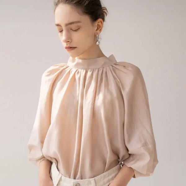 [BUNJANG] Kinder Salmon Gathered Neck Blouse / 킨더살몬 개더드넥 블라우스