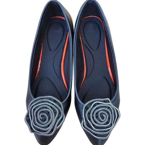 [BUNJANG] Rose Embellished Pumps Heels - Black Leather / 로즈 장식 펌프스 구두 240