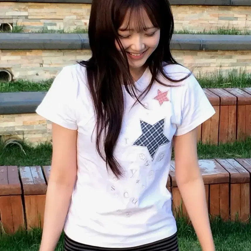 [BUNJANG] Checkered Short Sleeve T-Shirt / 체크 별 반팔 티셔츠