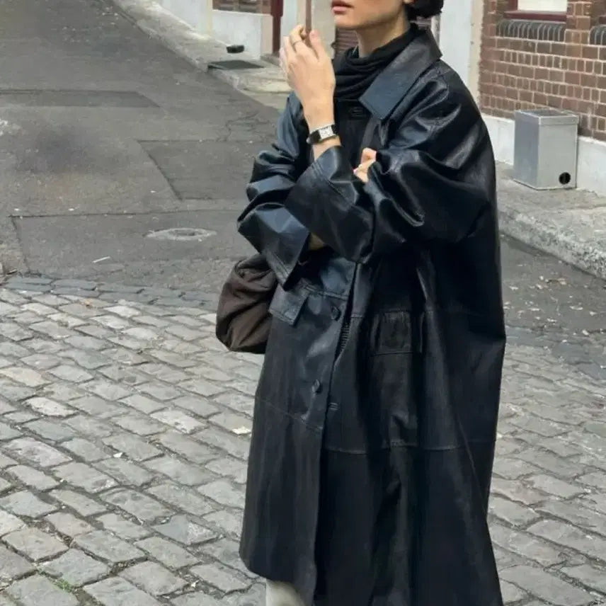 [BUNJANG] Vegan Leather Long Jacket / 비건레더 가죽자켁