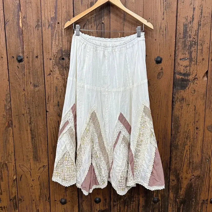 [BUNJANG] Ivory Ethnic Lace Patchwork Long Skirt / 아이보리 에스닉 레이스 패치워크 롱 스커트