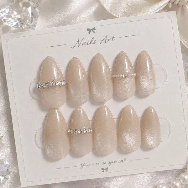 [BUNJANG] Nude Tone Subtle Pearl & Pearl/Cubic Nail Tips / 누드톤 은은한 펄감 + 포인트 진주/큐빅 네일팁