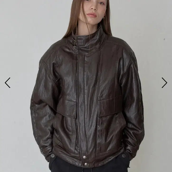 [BUNJANG] Odes Vintage High Neck Leather Jacket Brown / 오데스 빈티지 하이넥 가죽 자켓 브라운