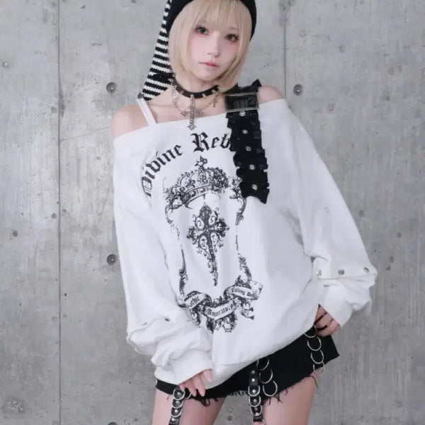 [BUNJANG] Amilige White Cross Off-Shoulder Sweatshirt / [정품] 아밀리지 크로스 오프숄더 스웻 맨투맨 화이트 FREE