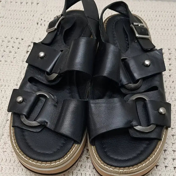 [BUNJANG] LAZY SUMMER Black Leather Sandals (245) / LAZY SUMMER  가죽샌들 245