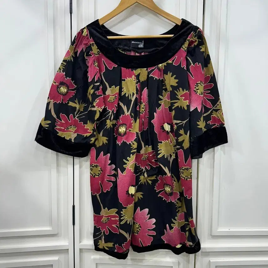 [BUNJANG] Marvelous Retro Big Flower Velour Color-Block Tunic Mini Dress / Marvelous 레트로 빅플라워 벨로아 배색 튜닉 미니 원피스