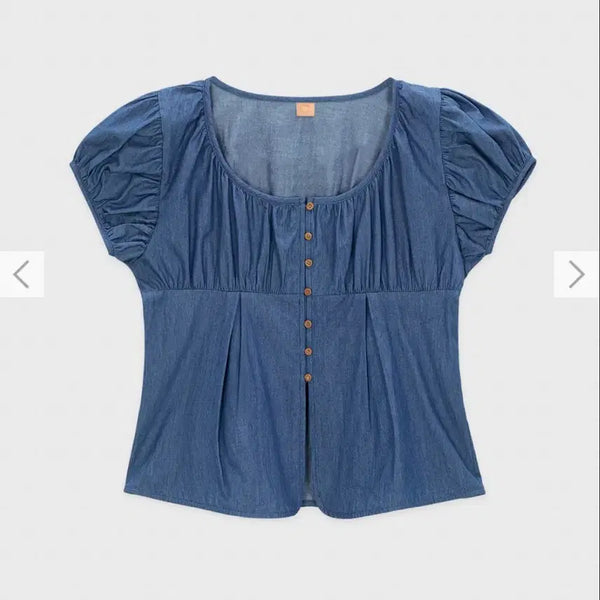 [BUNJANG] SINOON Denim Shirring Puff Blouse / 시눈 데님 셔링 퍼프 블라우스
