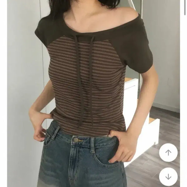 [BUNJANG] Stripe Off-Shoulder Short Sleeve Top / 단가라 오프숄더 반팔
