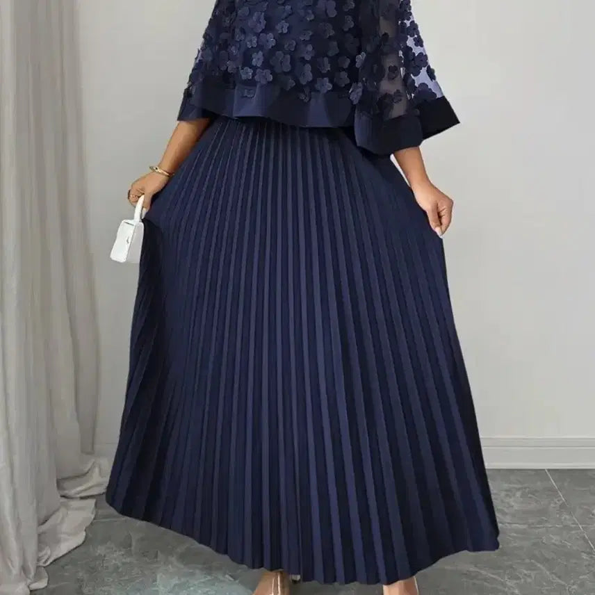[BUNJANG] Navy Pleated Cape Long Dress XL / 새제품)네이비 플리츠 망토 롱 원피스