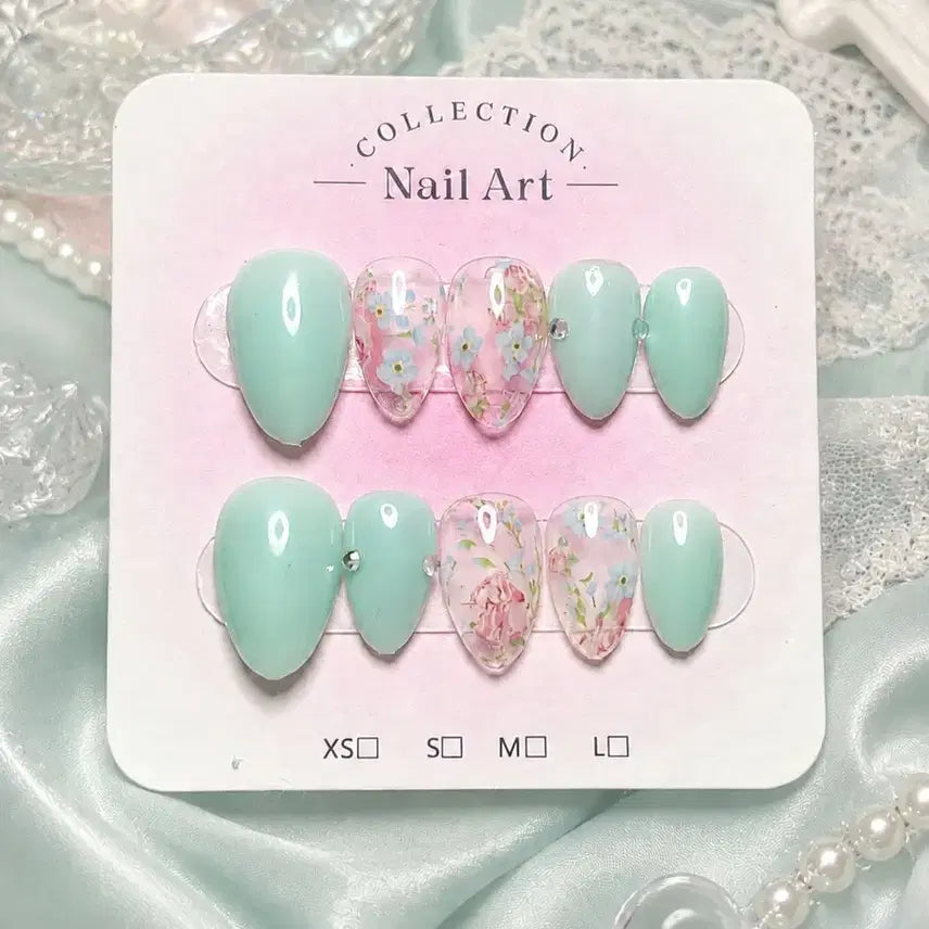 [BUNJANG] Handmade Mint Flower Nail Tips / 수제네일팁 민트 플라워