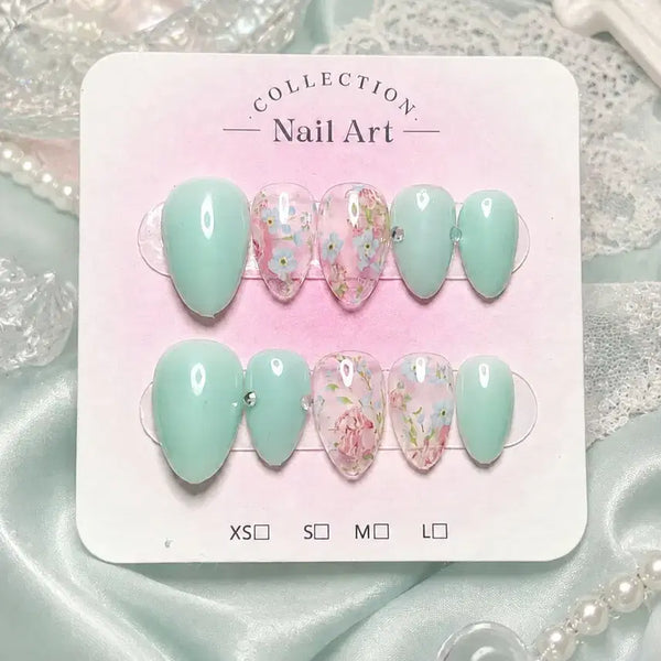[BUNJANG] Handmade Mint Flower Nail Tips / 수제네일팁 민트 플라워